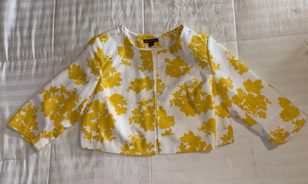 Jessica London Cropped Bolero 3/4 Sleeves Yellow White  Womens Sz 14